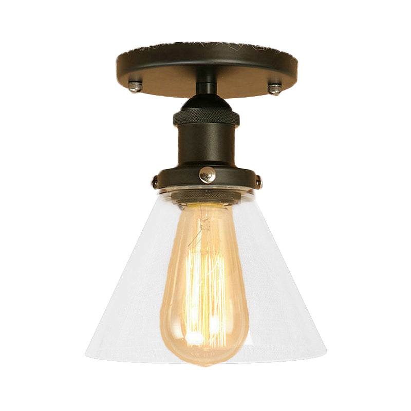 Single Light Semi Flush Mount Industrial Cone Clear Glass Light Fixtures Ceiling in Black/Bronze/Copper Clearhalo 'Ceiling Lights' 'Close To Ceiling Lights' 'Close to ceiling' 'Glass shade' 'Glass' 'Semi-flushmount' Lighting' 767221