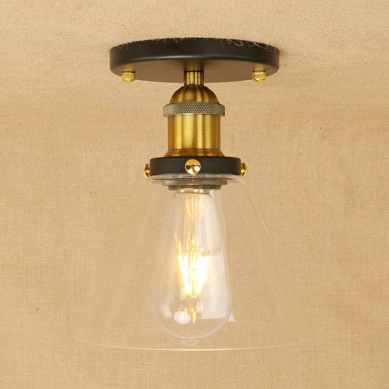 Single Light Semi Flush Mount Industrial Cone Clear Glass Light Fixtures Ceiling in Black/Bronze/Copper Bronze Clearhalo 'Ceiling Lights' 'Close To Ceiling Lights' 'Close to ceiling' 'Glass shade' 'Glass' 'Semi-flushmount' Lighting' 767222
