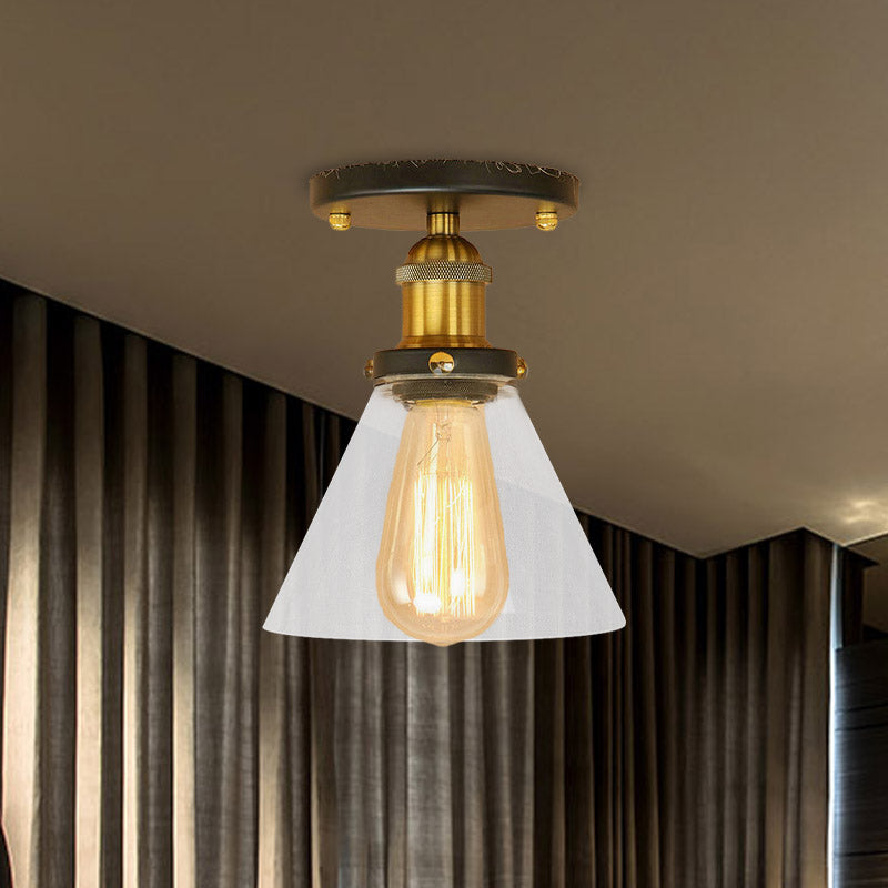 Single Light Semi Flush Mount Industrial Cone Clear Glass Light Fixtures Ceiling in Black/Bronze/Copper Clearhalo 'Ceiling Lights' 'Close To Ceiling Lights' 'Close to ceiling' 'Glass shade' 'Glass' 'Semi-flushmount' Lighting' 767223