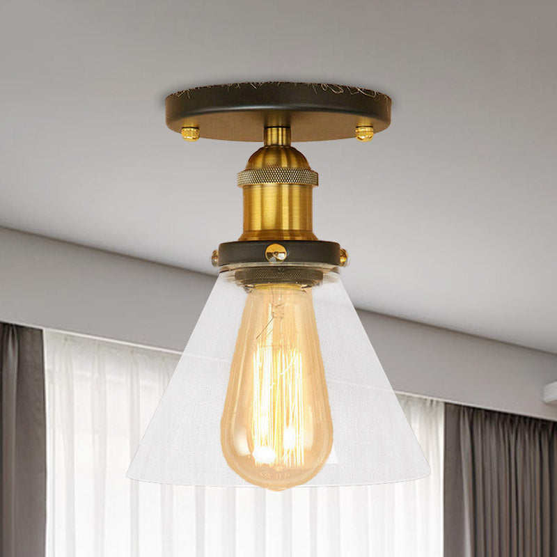 Single Light Semi Flush Mount Industrial Cone Clear Glass Light Fixtures Ceiling in Black/Bronze/Copper Clearhalo 'Ceiling Lights' 'Close To Ceiling Lights' 'Close to ceiling' 'Glass shade' 'Glass' 'Semi-flushmount' Lighting' 767224