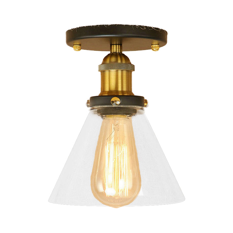Single Light Semi Flush Mount Industrial Cone Clear Glass Light Fixtures Ceiling in Black/Bronze/Copper Clearhalo 'Ceiling Lights' 'Close To Ceiling Lights' 'Close to ceiling' 'Glass shade' 'Glass' 'Semi-flushmount' Lighting' 767225