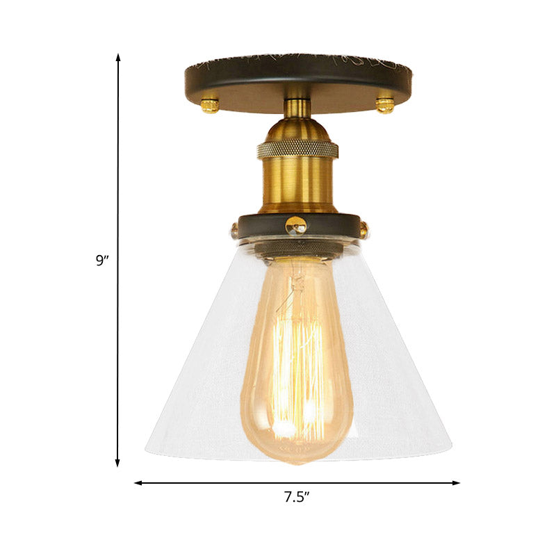 Single Light Semi Flush Mount Industrial Cone Clear Glass Light Fixtures Ceiling in Black/Bronze/Copper Clearhalo 'Ceiling Lights' 'Close To Ceiling Lights' 'Close to ceiling' 'Glass shade' 'Glass' 'Semi-flushmount' Lighting' 767226