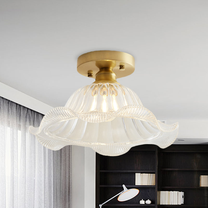 Scalloped Living Room Semi Flush Industrial Textured Glass One Light Brass Ceiling Light Brass Clearhalo 'Ceiling Lights' 'Close To Ceiling Lights' 'Close to ceiling' 'Glass shade' 'Glass' 'Pendant Lights' 'Semi-flushmount' Lighting' 767277