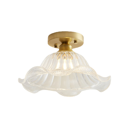 Scalloped Living Room Semi Flush Industrial Textured Glass One Light Brass Ceiling Light Clearhalo 'Ceiling Lights' 'Close To Ceiling Lights' 'Close to ceiling' 'Glass shade' 'Glass' 'Pendant Lights' 'Semi-flushmount' Lighting' 767280