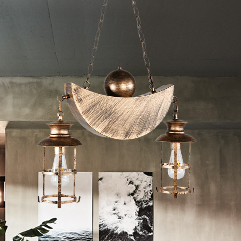 2 Lights Island Lamp Rustic Caged Shade Clear Glass Hanging Lighting in Antique Brass/Aged Silver with Mood and Ball Antique Brass Clearhalo 'Ceiling Lights' 'Island Lights' Lighting' 767313