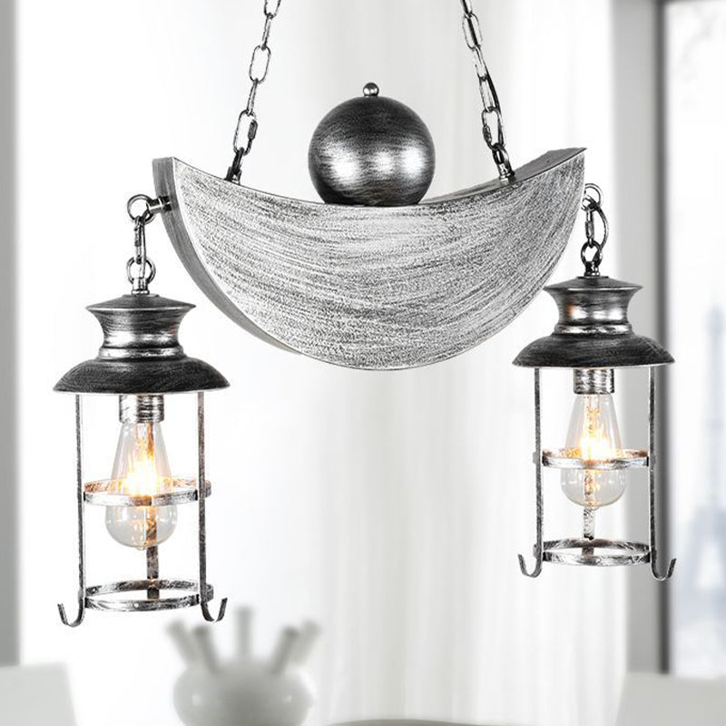 2 Lights Island Lamp Rustic Caged Shade Clear Glass Hanging Lighting in Antique Brass/Aged Silver with Mood and Ball Aged Silver Clearhalo 'Ceiling Lights' 'Island Lights' Lighting' 767318