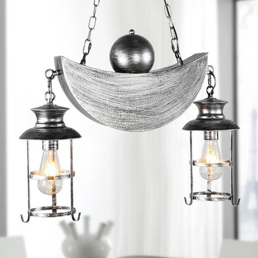 2 Lights Island Lamp Rustic Caged Shade Clear Glass Hanging Lighting in Antique Brass/Aged Silver with Mood and Ball Aged Silver Clearhalo 'Ceiling Lights' 'Island Lights' Lighting' 767318