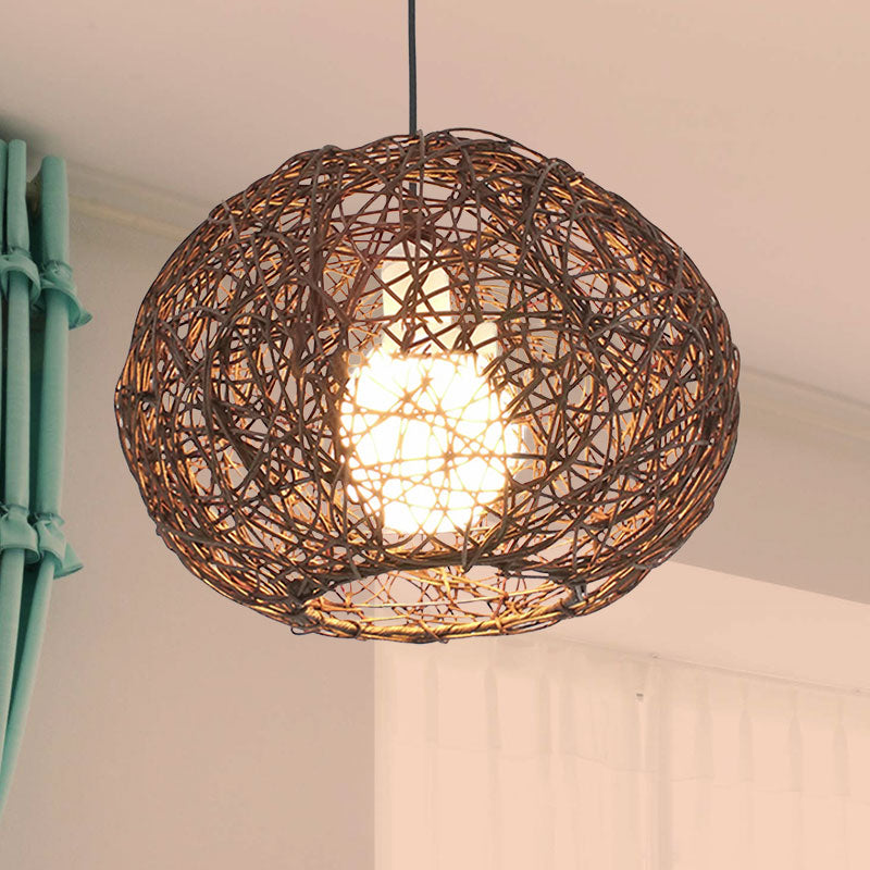 Brown/Ivory Bird���s Nest Hanging Light Farmhouse Rattan Single Pendant Lamp over Table Clearhalo 'Ceiling Lights' 'Pendant Lights' 'Pendants' Lighting' 767404