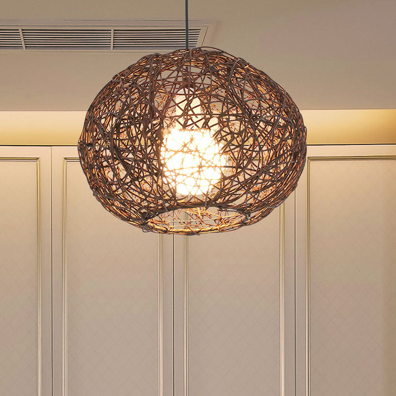 Brown/Ivory Bird���s Nest Hanging Light Farmhouse Rattan Single Pendant Lamp over Table Clearhalo 'Ceiling Lights' 'Pendant Lights' 'Pendants' Lighting' 767405