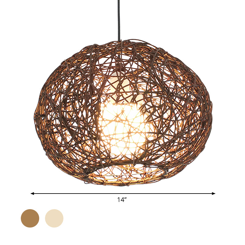 Brown/Ivory Bird���s Nest Hanging Light Farmhouse Rattan Single Pendant Lamp over Table Clearhalo 'Ceiling Lights' 'Pendant Lights' 'Pendants' Lighting' 767411