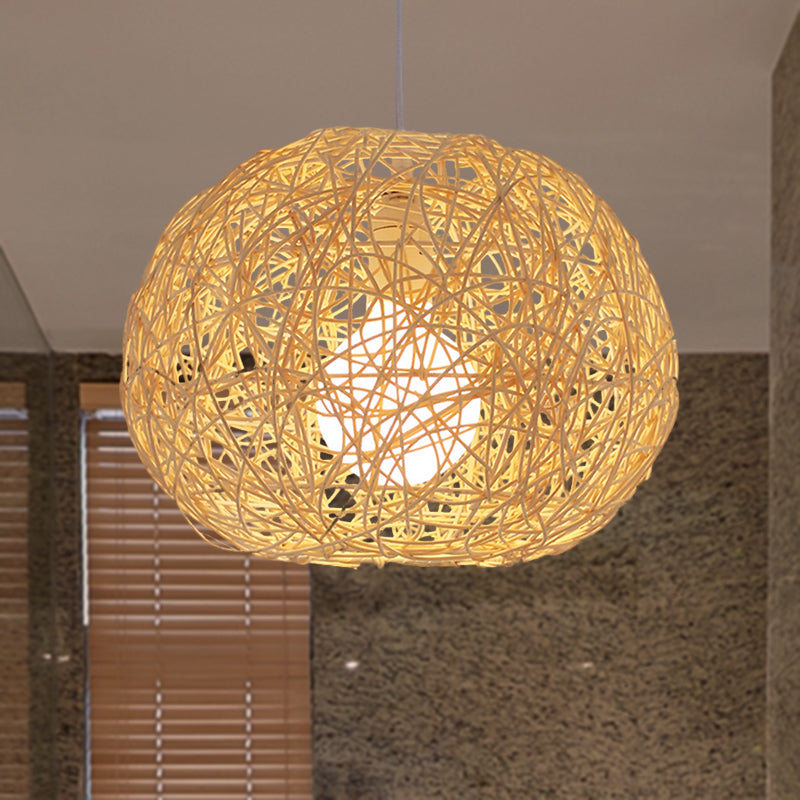 Brown/Ivory Bird���s Nest Hanging Light Farmhouse Rattan Single Pendant Lamp over Table Clearhalo 'Ceiling Lights' 'Pendant Lights' 'Pendants' Lighting' 767415