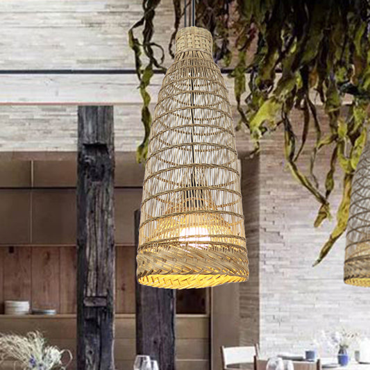 Hand-Worked Rattan Pendant Light Fixture Lodge Style 6"/8" W 1 Head Beige Ceiling Fixture for Restaurant Clearhalo 'Ceiling Lights' 'Pendant Lights' 'Pendants' Lighting' 767427