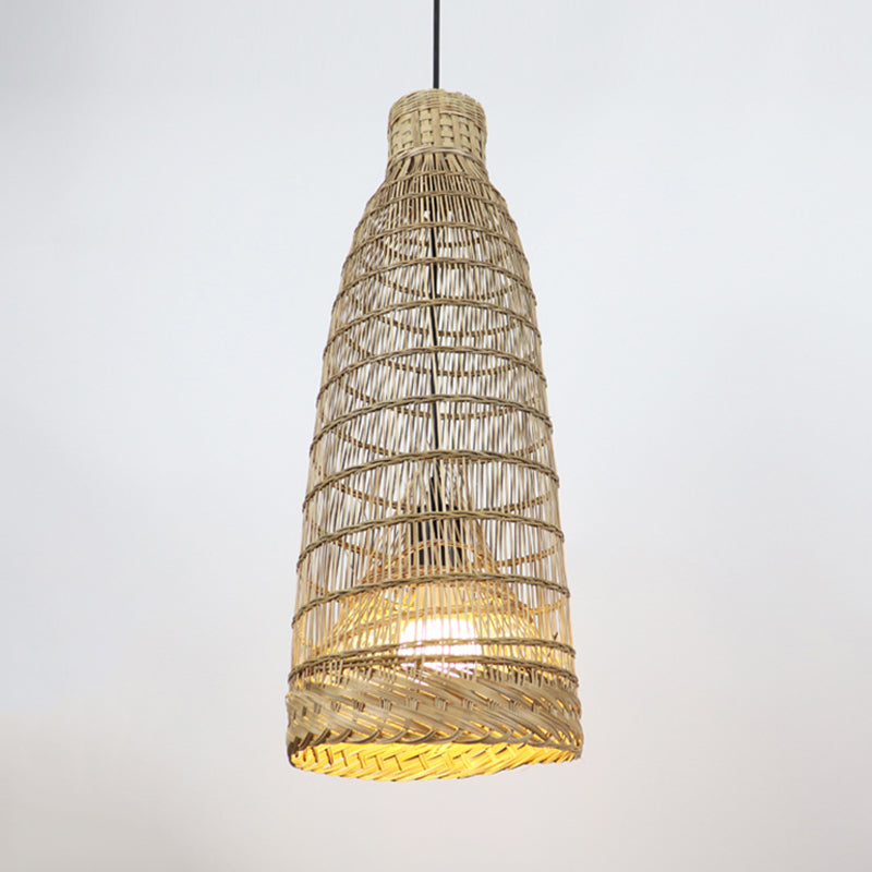 Hand-Worked Rattan Pendant Light Fixture Lodge Style 6"/8" W 1 Head Beige Ceiling Fixture for Restaurant Clearhalo 'Ceiling Lights' 'Pendant Lights' 'Pendants' Lighting' 767430