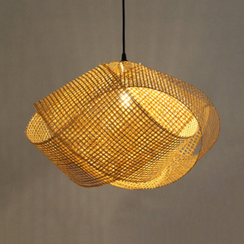 Asian Hand-Worked Hanging Pendant Light Rattan 16"/19.5" W 1 Light Indoor Ceiling Light with Twist Design in Beige Clearhalo 'Ceiling Lights' 'Pendant Lights' 'Pendants' Lighting' 767436