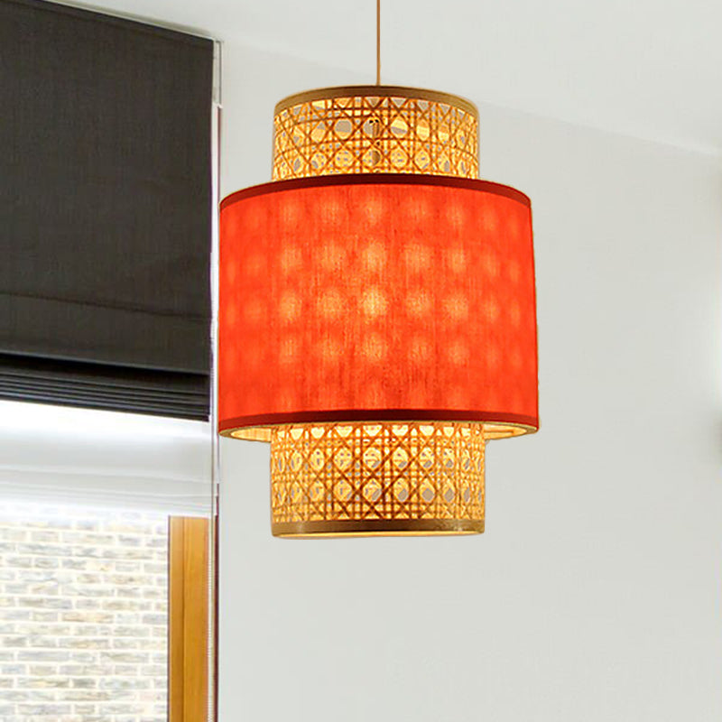 Asian Style 1 Bulb Hanging Light with Bamboo and Fabric Shade Red/White Cylinder Ceiling Light Fixture for Restaurant Clearhalo 'Ceiling Lights' 'Pendant Lights' 'Pendants' Lighting' 767459