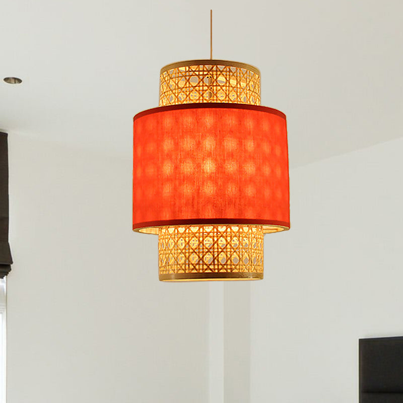 Asian Style 1 Bulb Hanging Light with Bamboo and Fabric Shade Red/White Cylinder Ceiling Light Fixture for Restaurant Clearhalo 'Ceiling Lights' 'Pendant Lights' 'Pendants' Lighting' 767460