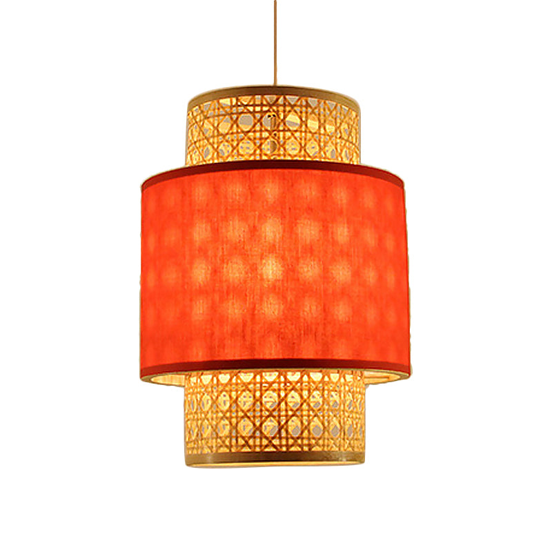 Asian Style 1 Bulb Hanging Light with Bamboo and Fabric Shade Red/White Cylinder Ceiling Light Fixture for Restaurant Clearhalo 'Ceiling Lights' 'Pendant Lights' 'Pendants' Lighting' 767461