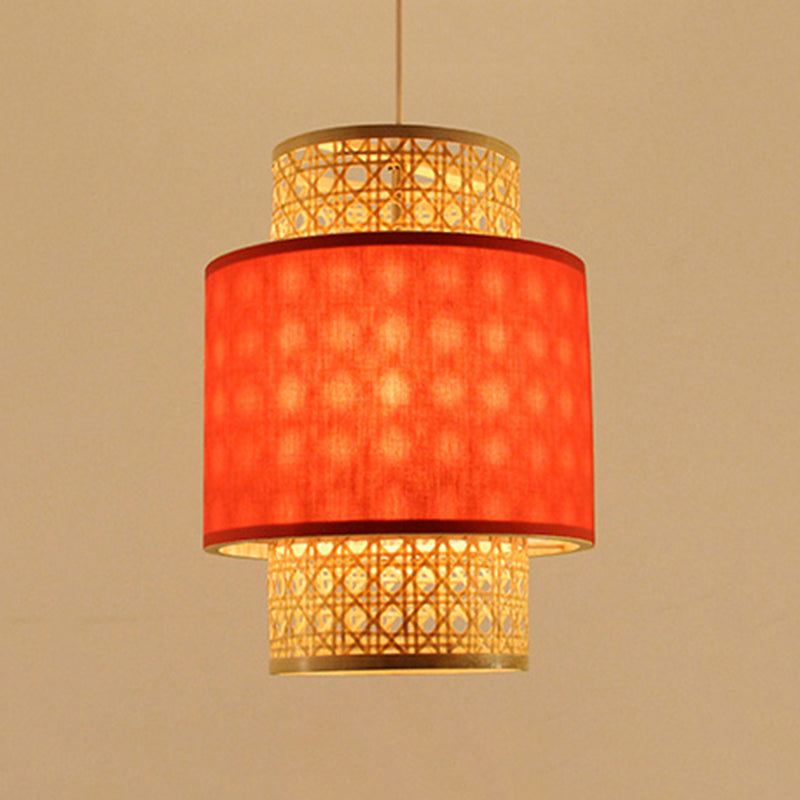 Asian Style 1 Bulb Hanging Light with Bamboo and Fabric Shade Red/White Cylinder Ceiling Light Fixture for Restaurant Clearhalo 'Ceiling Lights' 'Pendant Lights' 'Pendants' Lighting' 767462