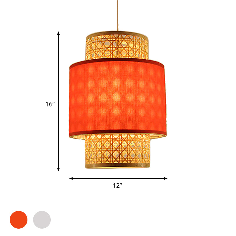 Asian Style 1 Bulb Hanging Light with Bamboo and Fabric Shade Red/White Cylinder Ceiling Light Fixture for Restaurant Clearhalo 'Ceiling Lights' 'Pendant Lights' 'Pendants' Lighting' 767463