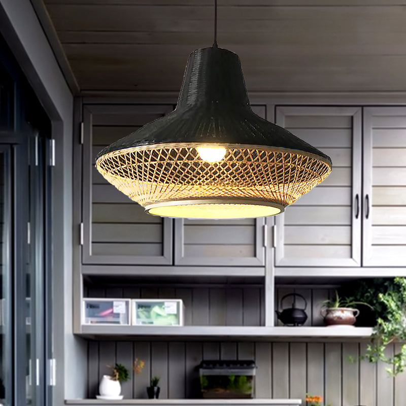 Asian 1-Light Hanging Lamp with Knitted Bamboo Black/Wood Curvy Pendant Light for Restaurant Tea House Black Clearhalo 'Ceiling Lights' 'Pendant Lights' 'Pendants' Lighting' 767473_5ef1ab04-eb43-4dc5-91c0-cc0398e095a9