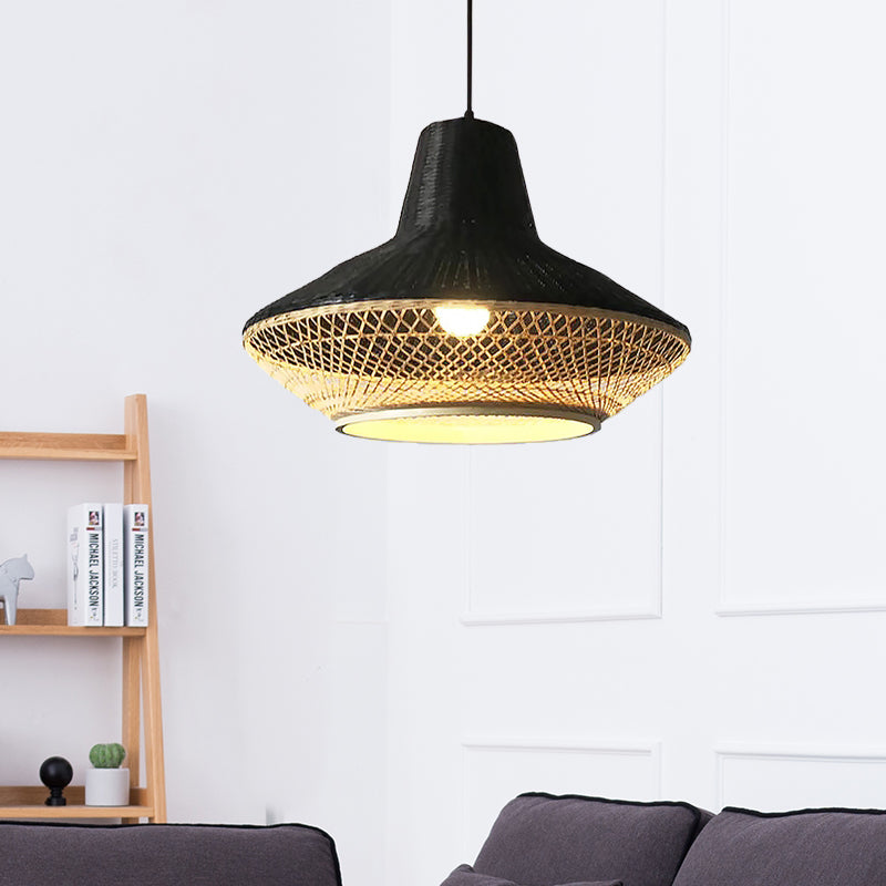 Asian 1-Light Hanging Lamp with Knitted Bamboo Black/Wood Curvy Pendant Light for Restaurant Tea House Clearhalo 'Ceiling Lights' 'Pendant Lights' 'Pendants' Lighting' 767474