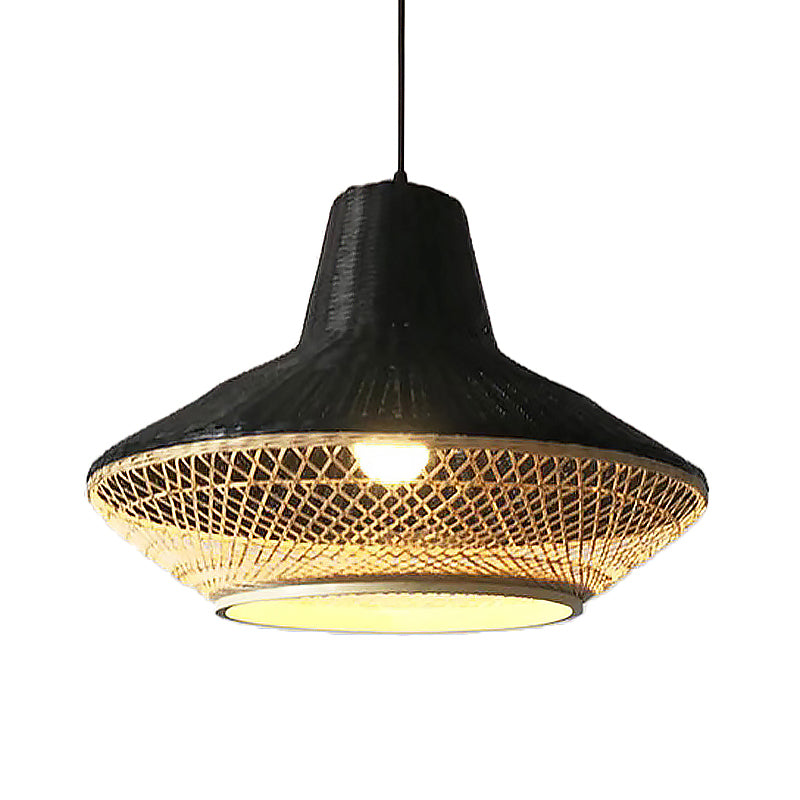 Asian 1-Light Hanging Lamp with Knitted Bamboo Black/Wood Curvy Pendant Light for Restaurant Tea House Clearhalo 'Ceiling Lights' 'Pendant Lights' 'Pendants' Lighting' 767475