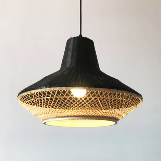 Asian 1-Light Hanging Lamp with Knitted Bamboo Black/Wood Curvy Pendant Light for Restaurant Tea House Clearhalo 'Ceiling Lights' 'Pendant Lights' 'Pendants' Lighting' 767476