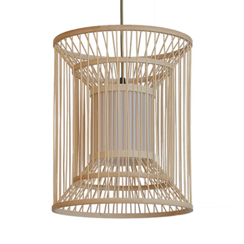 14"/16" Wide Cylinder Pendant Lamp Asian Style Bamboo 1-Light Beige Hanging Light Fixture for Dining Room Clearhalo 'Ceiling Lights' 'Pendant Lights' 'Pendants' Lighting' 767488