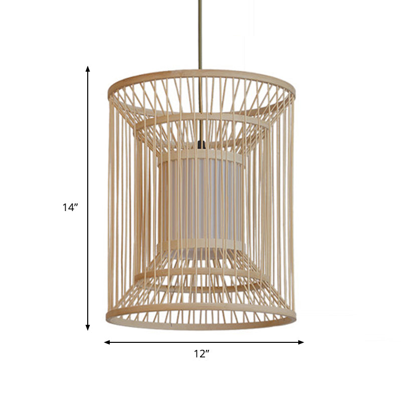 14"/16" Wide Cylinder Pendant Lamp Asian Style Bamboo 1-Light Beige Hanging Light Fixture for Dining Room Clearhalo 'Ceiling Lights' 'Pendant Lights' 'Pendants' Lighting' 767490