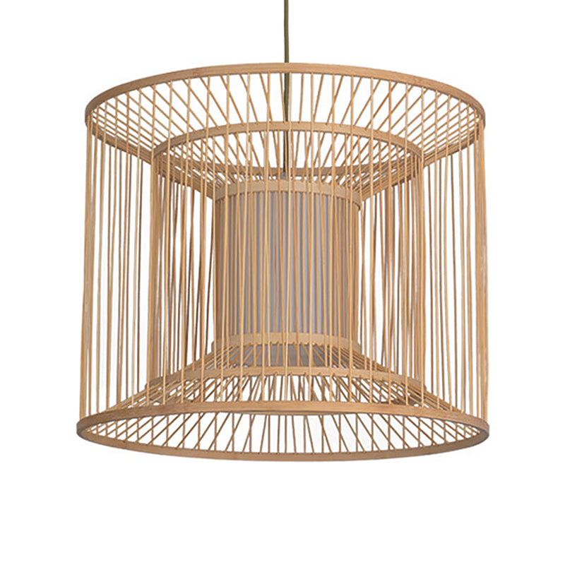 14"/16" Wide Cylinder Pendant Lamp Asian Style Bamboo 1-Light Beige Hanging Light Fixture for Dining Room Clearhalo 'Ceiling Lights' 'Pendant Lights' 'Pendants' Lighting' 767492