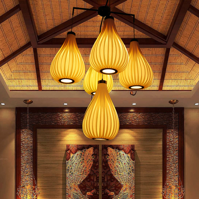 Wood Veneer Teardrop Pendant Light Asian Style 5-Light Light Brown/Dark Brown Hanging Light Fixture for Restaurant Clearhalo 'Ceiling Lights' 'Chandeliers' Lighting' options 767495