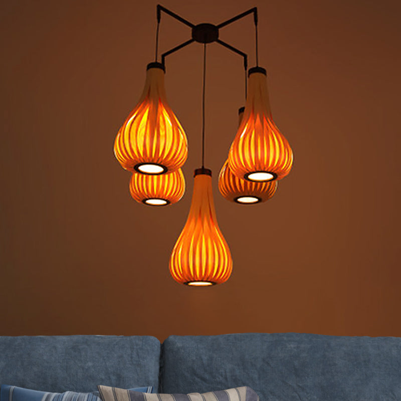 Wood Veneer Teardrop Pendant Light Asian Style 5-Light Light Brown/Dark Brown Hanging Light Fixture for Restaurant Dark Brown Clearhalo 'Ceiling Lights' 'Chandeliers' Lighting' options 767500_37927a17-be2e-4d2c-bfa5-abb9874b9c84