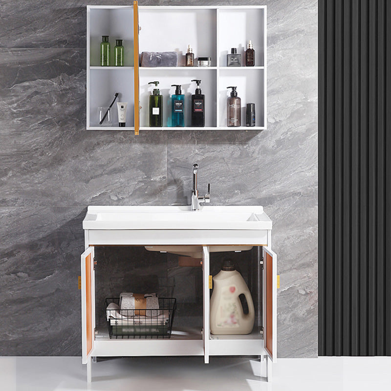 Freestanding White Vanity Rectangular Metal Frame Mirror Single Sink Bath Vanity with Door Clearhalo 'Bathroom Remodel & Bathroom Fixtures' 'Bathroom Vanities' 'bathroom_vanities' 'Home Improvement' 'home_improvement' 'home_improvement_bathroom_vanities' 7678635