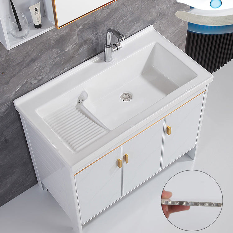 Freestanding White Vanity Rectangular Metal Frame Mirror Single Sink Bath Vanity with Door Clearhalo 'Bathroom Remodel & Bathroom Fixtures' 'Bathroom Vanities' 'bathroom_vanities' 'Home Improvement' 'home_improvement' 'home_improvement_bathroom_vanities' 7678638