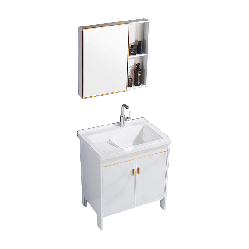 Freestanding White Vanity Rectangular Metal Frame Mirror Single Sink Bath Vanity with Door Clearhalo 'Bathroom Remodel & Bathroom Fixtures' 'Bathroom Vanities' 'bathroom_vanities' 'Home Improvement' 'home_improvement' 'home_improvement_bathroom_vanities' 7678640