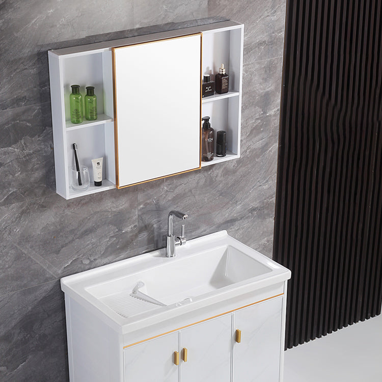 Freestanding White Vanity Rectangular Metal Frame Mirror Single Sink Bath Vanity with Door Clearhalo 'Bathroom Remodel & Bathroom Fixtures' 'Bathroom Vanities' 'bathroom_vanities' 'Home Improvement' 'home_improvement' 'home_improvement_bathroom_vanities' 7678648