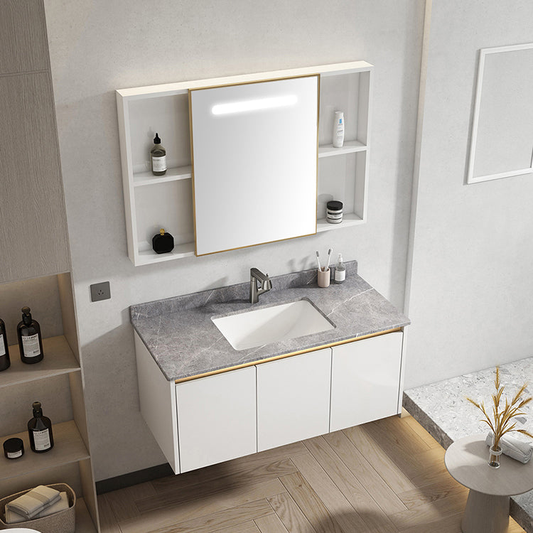 White Metal Frame Vanity 2 Doors Wall Mount Single Sink Mirror Faucet Rectangular Vanity Clearhalo 'Bathroom Remodel & Bathroom Fixtures' 'Bathroom Vanities' 'bathroom_vanities' 'Home Improvement' 'home_improvement' 'home_improvement_bathroom_vanities' 7678669