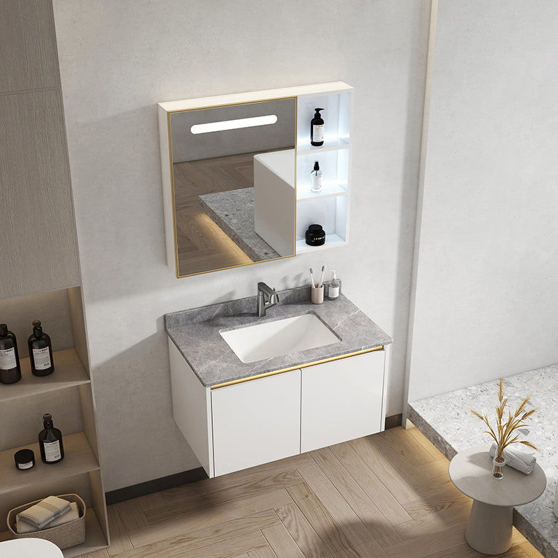 White Metal Frame Vanity 2 Doors Wall Mount Single Sink Mirror Faucet Rectangular Vanity Clearhalo 'Bathroom Remodel & Bathroom Fixtures' 'Bathroom Vanities' 'bathroom_vanities' 'Home Improvement' 'home_improvement' 'home_improvement_bathroom_vanities' 7678672