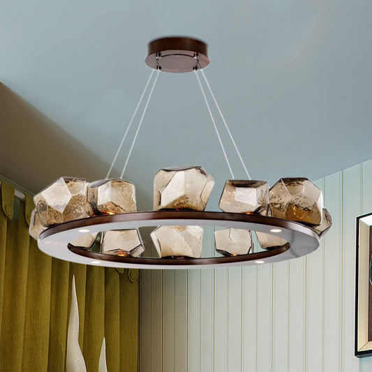 Gem Chandelier Pendant Modernist Amber Glass Multi Lights Brown Led Hanging Light with Ring Design Brown Clearhalo 'Ceiling Lights' 'Chandeliers' 'Glass shade' 'Glass' 'Modern Chandeliers' 'Modern' Lighting' 767952