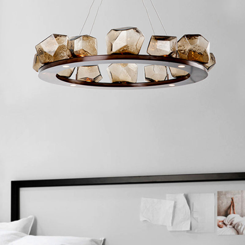 Gem Chandelier Pendant Modernist Amber Glass Multi Lights Brown Led Hanging Light with Ring Design Clearhalo 'Ceiling Lights' 'Chandeliers' 'Glass shade' 'Glass' 'Modern Chandeliers' 'Modern' Lighting' 767953