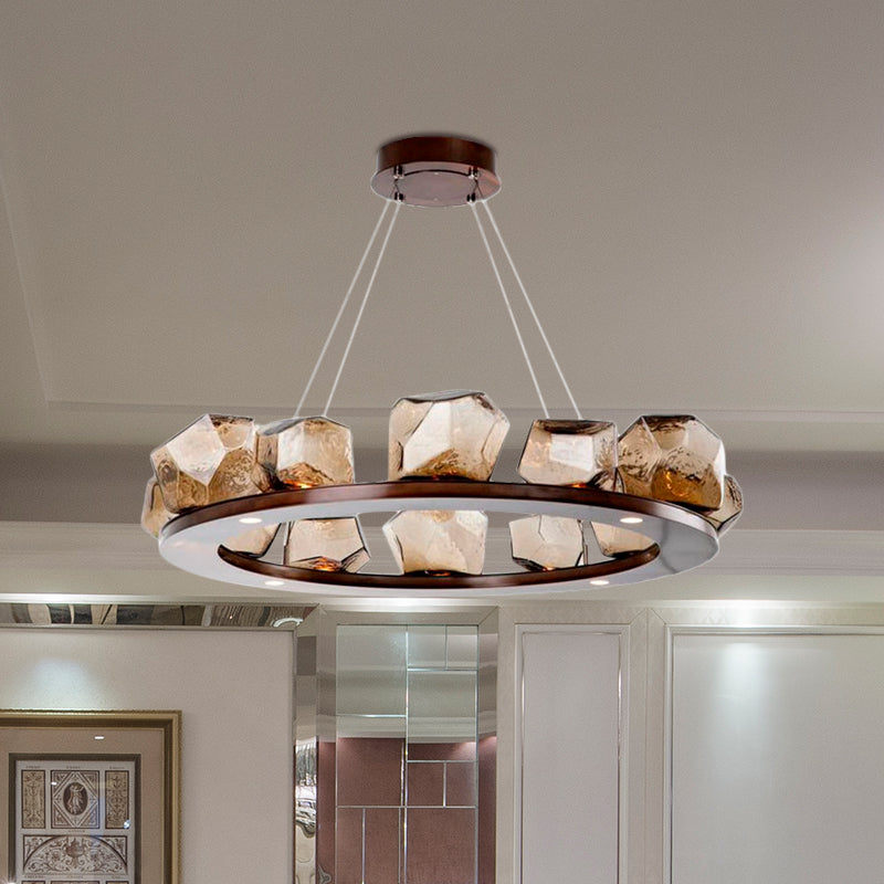 Gem Chandelier Pendant Modernist Amber Glass Multi Lights Brown Led Hanging Light with Ring Design Clearhalo 'Ceiling Lights' 'Chandeliers' 'Glass shade' 'Glass' 'Modern Chandeliers' 'Modern' Lighting' 767954