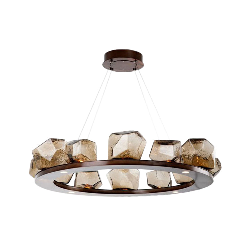 Gem Chandelier Pendant Modernist Amber Glass Multi Lights Brown Led Hanging Light with Ring Design Clearhalo 'Ceiling Lights' 'Chandeliers' 'Glass shade' 'Glass' 'Modern Chandeliers' 'Modern' Lighting' 767955