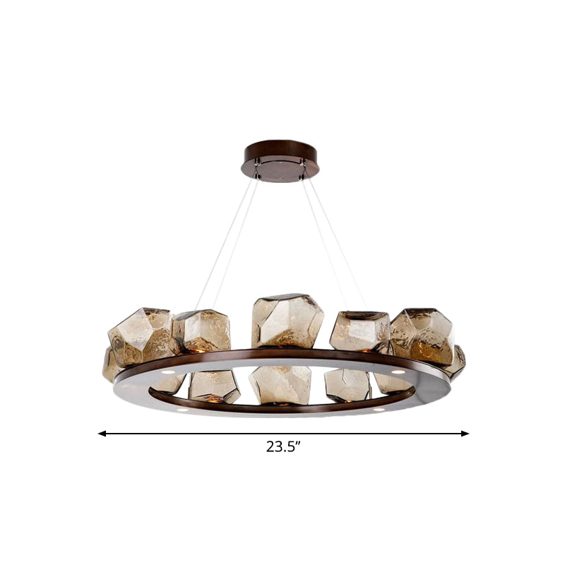 Gem Chandelier Pendant Modernist Amber Glass Multi Lights Brown Led Hanging Light with Ring Design Clearhalo 'Ceiling Lights' 'Chandeliers' 'Glass shade' 'Glass' 'Modern Chandeliers' 'Modern' Lighting' 767956