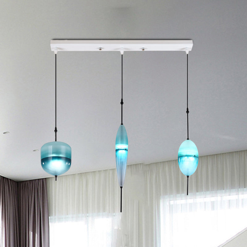 Teardrop/Drum/Cylinder Cluster Pendant Modernist Blue/White Glass 1/3 Lights Dining Room Hanging Light Fixture Blue A Clearhalo 'Ceiling Lights' 'Glass shade' 'Glass' 'Modern Pendants' 'Modern' 'Pendant Lights' 'Pendants' Lighting' 767987