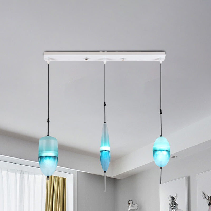 Teardrop/Drum/Cylinder Cluster Pendant Modernist Blue/White Glass 1/3 Lights Dining Room Hanging Light Fixture Blue C Clearhalo 'Ceiling Lights' 'Glass shade' 'Glass' 'Modern Pendants' 'Modern' 'Pendant Lights' 'Pendants' Lighting' 767997