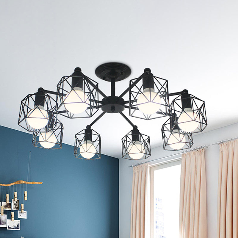 6/8 Lights Spider Semi Flush Light with Global Cage Shade Retro Style Black Metal Semi Flush Pendant Light for Living Room 8 Black Clearhalo 'Ceiling Lights' 'Close To Ceiling Lights' 'Close to ceiling' 'Semi-flushmount' Lighting' 768041