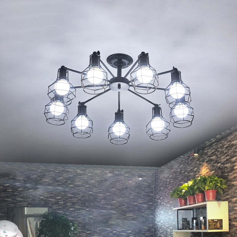 6/8 Lights Spider Semi Flush Light with Global Cage Shade Retro Style Black Metal Semi Flush Pendant Light for Living Room Clearhalo 'Ceiling Lights' 'Close To Ceiling Lights' 'Close to ceiling' 'Semi-flushmount' Lighting' 768042