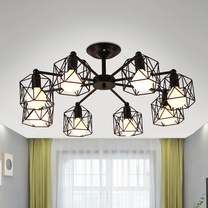 6/8 Lights Spider Semi Flush Light with Global Cage Shade Retro Style Black Metal Semi Flush Pendant Light for Living Room Clearhalo 'Ceiling Lights' 'Close To Ceiling Lights' 'Close to ceiling' 'Semi-flushmount' Lighting' 768043