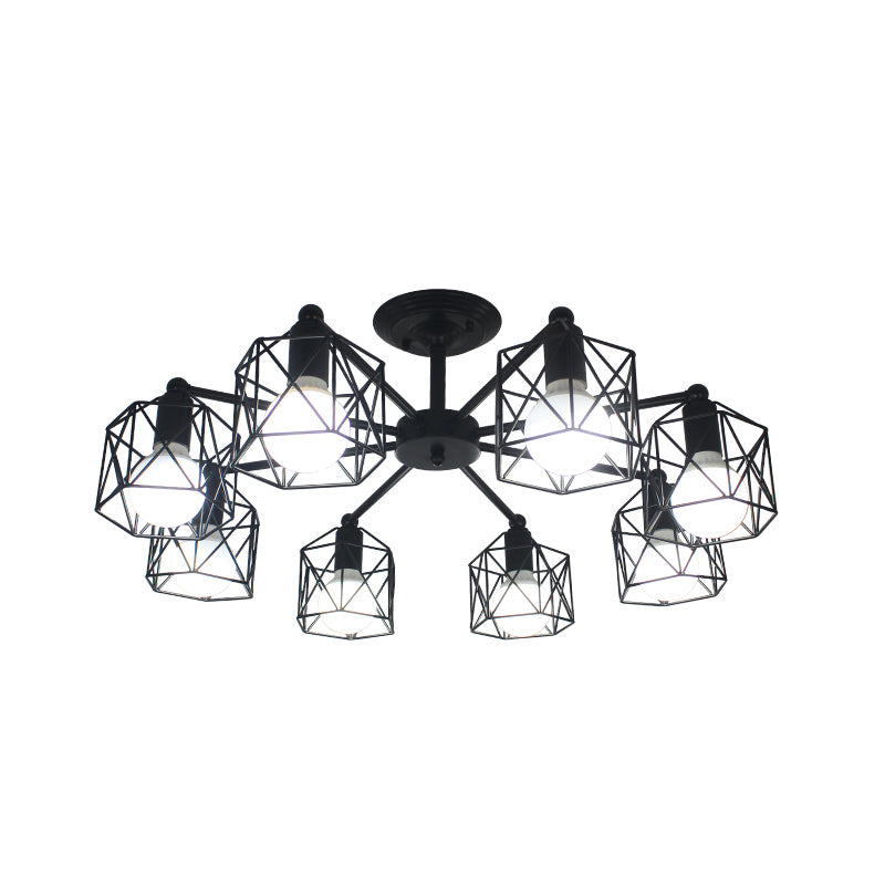 6/8 Lights Spider Semi Flush Light with Global Cage Shade Retro Style Black Metal Semi Flush Pendant Light for Living Room Clearhalo 'Ceiling Lights' 'Close To Ceiling Lights' 'Close to ceiling' 'Semi-flushmount' Lighting' 768044