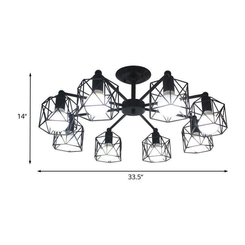 6/8 Lights Spider Semi Flush Light with Global Cage Shade Retro Style Black Metal Semi Flush Pendant Light for Living Room Clearhalo 'Ceiling Lights' 'Close To Ceiling Lights' 'Close to ceiling' 'Semi-flushmount' Lighting' 768045